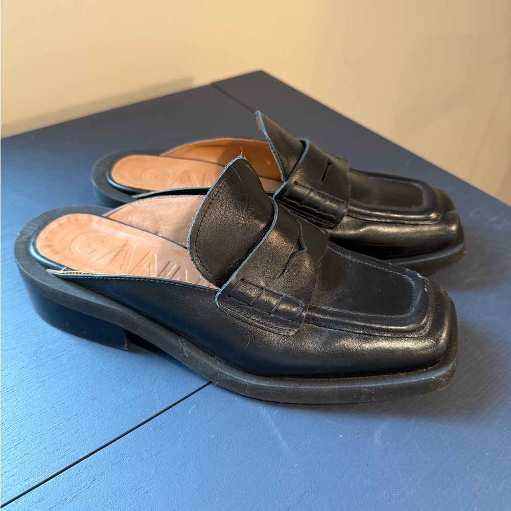 Ganni Black Leather Slip-On Loafer Mule